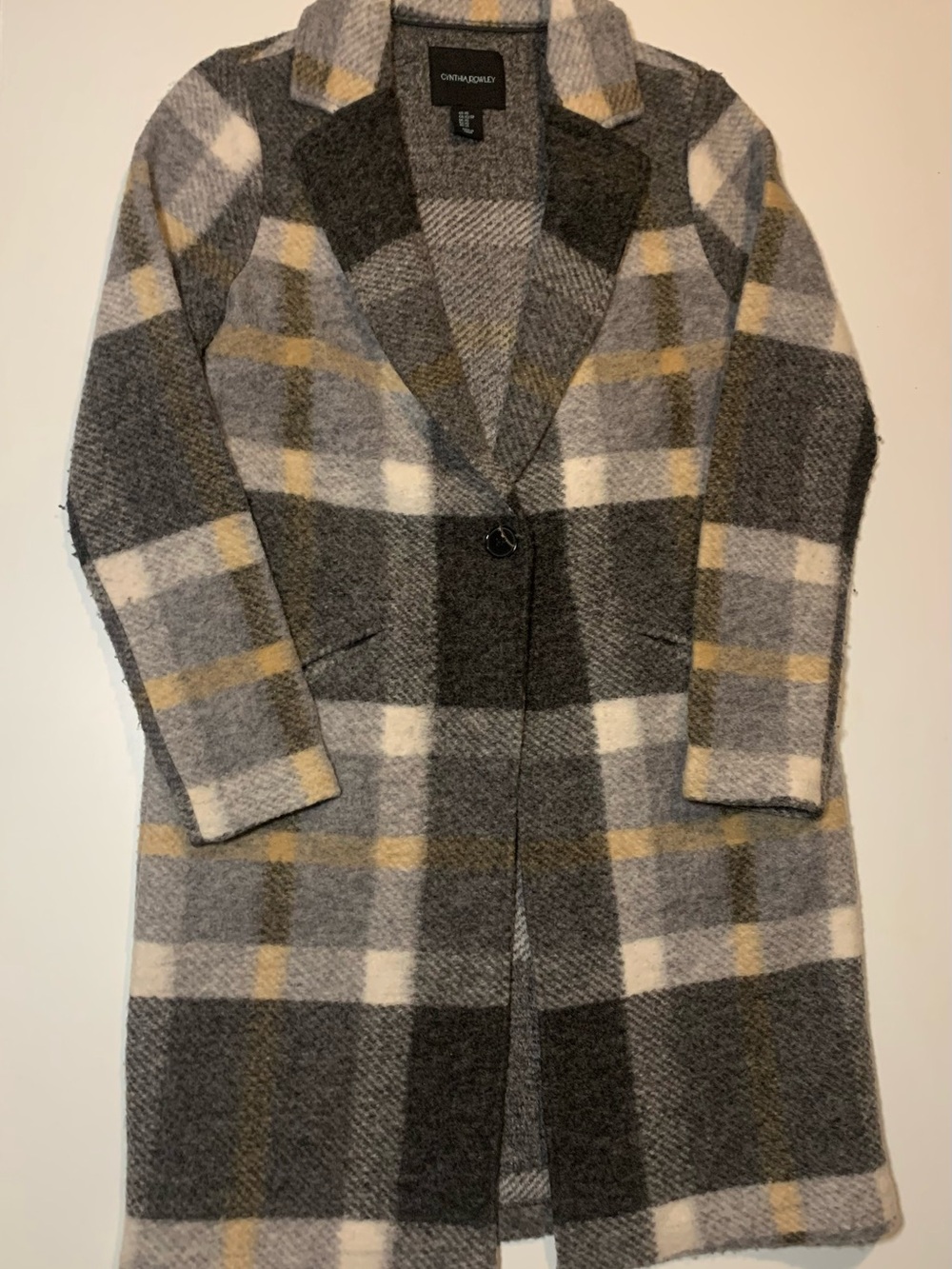 Cynthia Rowley Gray, White & Yellow Plaid Single-Button Trench Coat